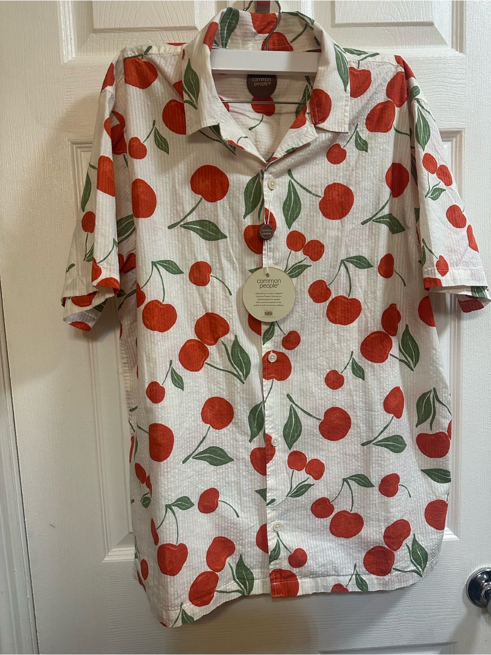 Common People Men’s White Short-Sleeve Button-Up Shirt with Red Cherry Print